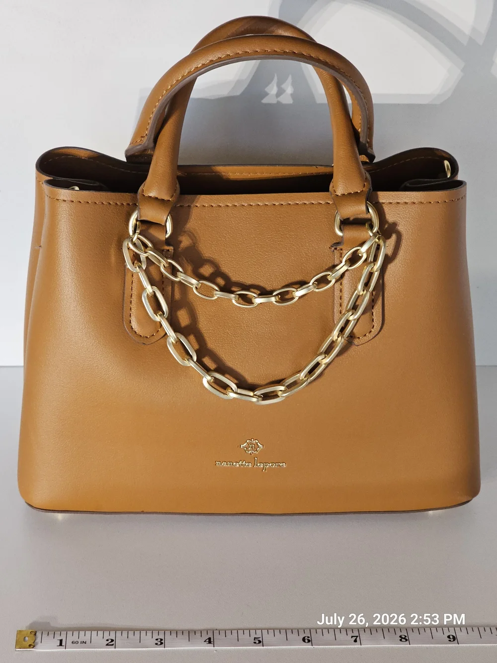 Nanette Lepore Tan Satchel with Gold Chain Accents